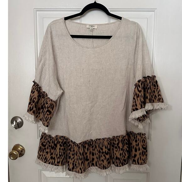 Umgee Tunic Top Animal Print Linen Ruffle Hem Beige Peplum Women's Size Medium - Picture 3 of 7